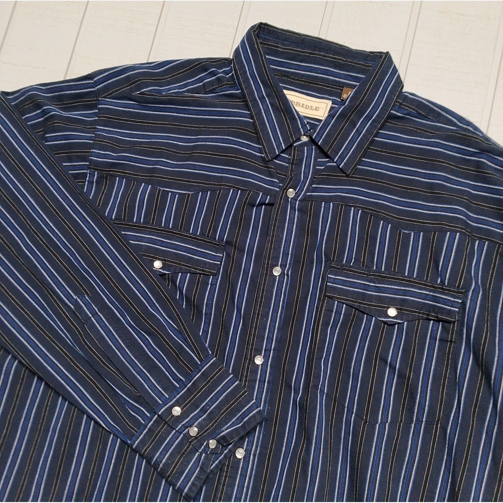 Bit & Bridle Dress Shirt Mens Size Blue Striped 2X Pearl Snap Long Sleeve Cowboy